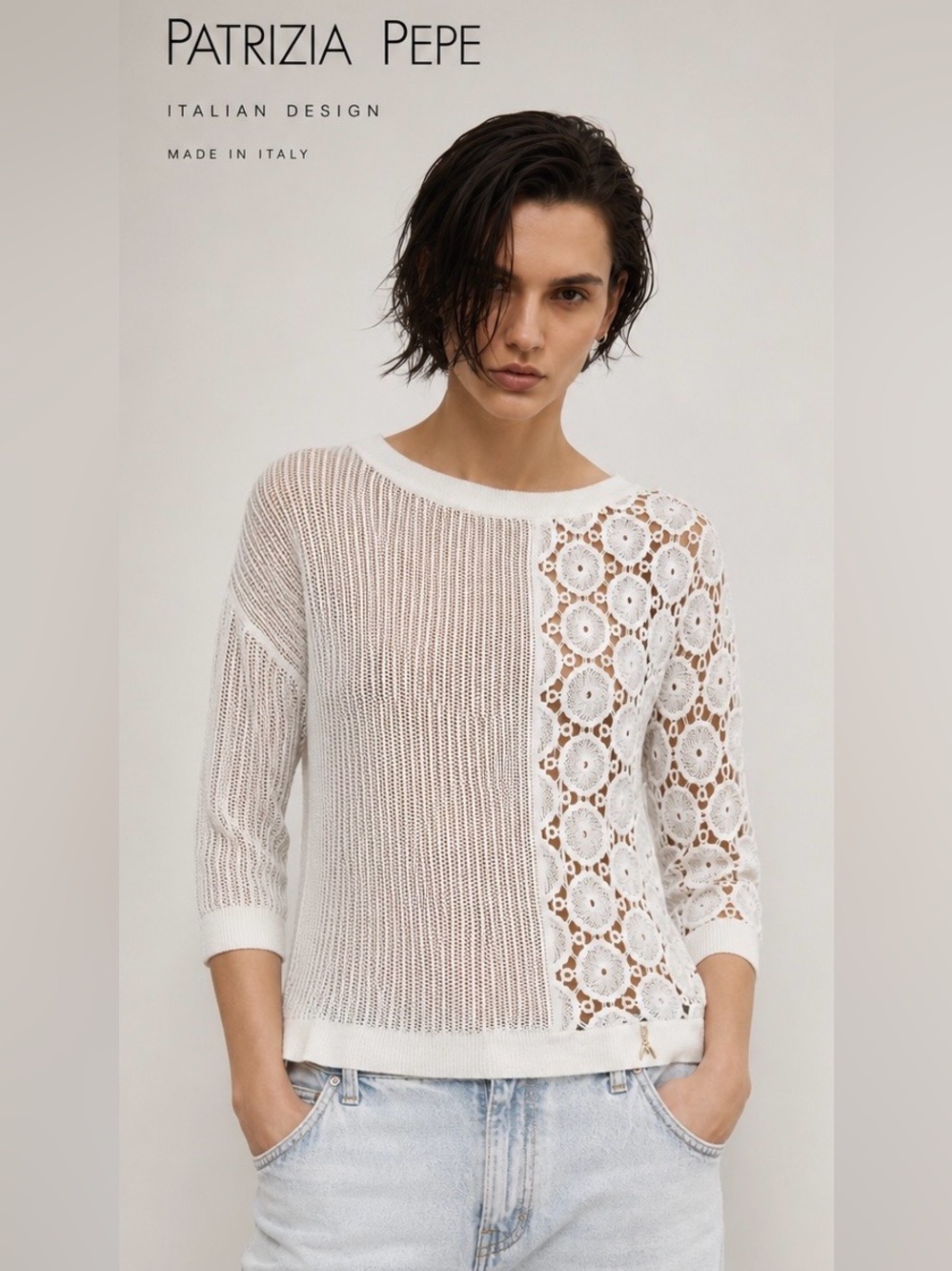 PATRIZIA PEPE Ivory Open Knit Linen Blend Lace Sweater IT 0 / US 2